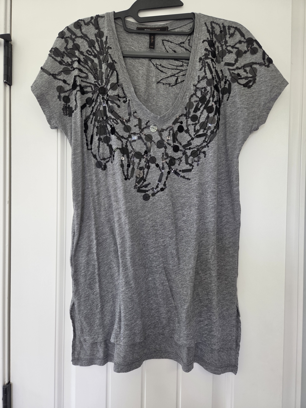 BCBGMaxAzria Grey V-Neck Tunic with Black Sequin Floral Detail